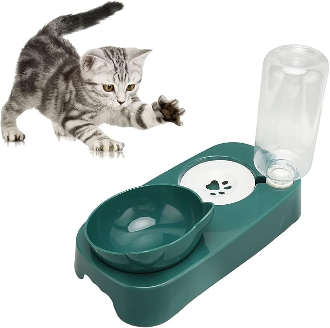 Dog Cat Bowl with Automatic Water Dispenser Bottle, Automatic Water Feeder Food Dish Set Cat Food Water Bowl Set for Dogs Cats (Dark Green)