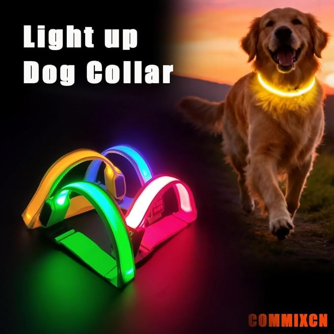 COMMIXCN 2 Pack LED Dog Collar, Light Up Reflective Collar for Small Medium Large Dogs, Universal Use with Standard Buckle, Adjustable for Night Walking Hiking Camping Outdoor (Yellow)