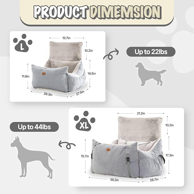 Dog Car Seat for Small Medium Large Dogs, Eco-Friendly Microfiber Velboa, Dog Booster for Under 45Lbs, Detachable and Washable Travel Seat with Thick Cushion (Charcoal Gray, L)