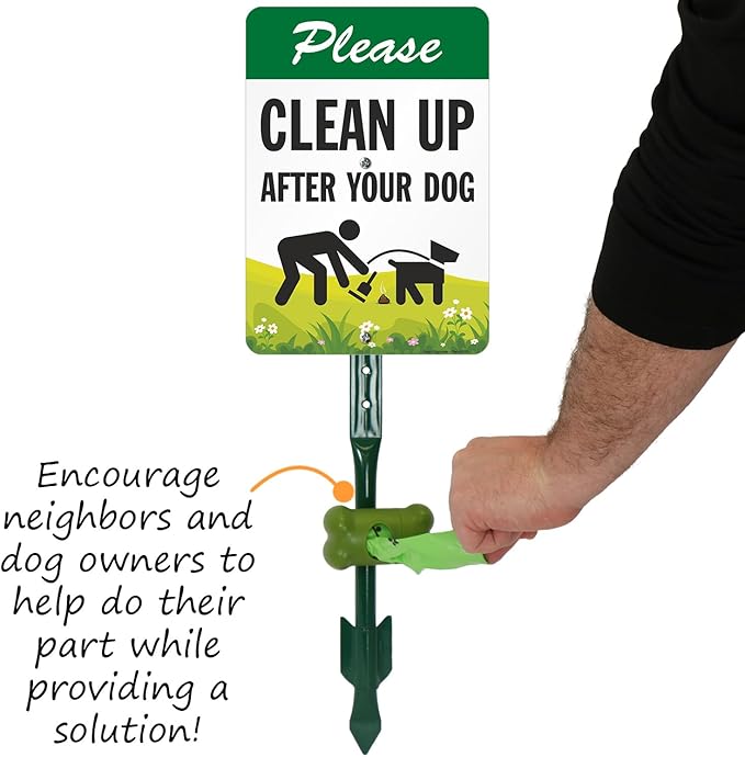SmartSign Please Clean Up After Your Dog Yard Sign & Clip-On Dispenser Combo/Kit, 7"x10" Rust-proof Aluminum Sign with 18-inch Steel Stake, Compact Dispenser Preloaded with a 15 Dog Poop Bags Roll