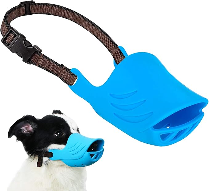 Dog Muzzle, Soft Duck Silicone Mouth Cover with Adjustable Strap for Small Medium Dogs, Best to Prevent Barking, Biting, and Chewing(Blue,S)