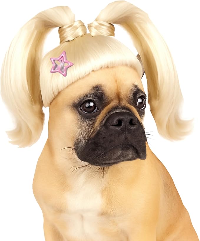 Blond Long Hair Ponytail Funny Pet Wig – DIY Haircut & Adjustable Fit – Cat & Dog Costume for Halloween, Party, Photo Shoots – 3D Natural Look – Fits 5kg-50kg Pets