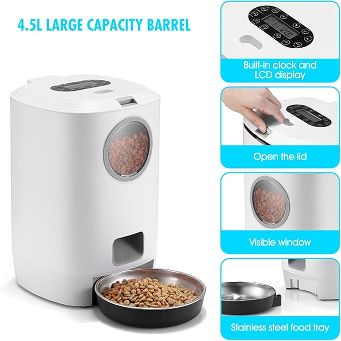 4.5L Automatic Cat Feeder Food Dispenser for Cat & Dog,Programmable Portion Control 1-4 Meals Per Day & 10S Voice Recorder with Stainless Steel Bowl for Small to Medium Cats Dogs