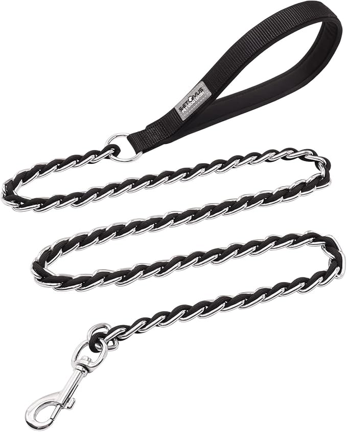 Dog Leash Chew Proof, Chain Leash Anti Chew Dog Leash for Large Dogs Heavy Duty, Indestructible Metal Leash Anti Bite Chain Link with Woven Cord Soft Padded Handle (Black, 5FT)