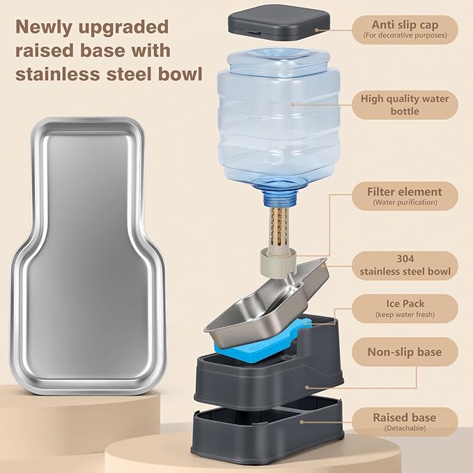 1.1 Gallon Pet Automatic Dog Water Dispenser Cat Gravity Waterer Feeder with Stainless Steel Bowl Large Capacity Puppy Feeding Raised Bowls with Filter,Ice Pack (Charcoal Gray, 4L(1.1 Gallon))