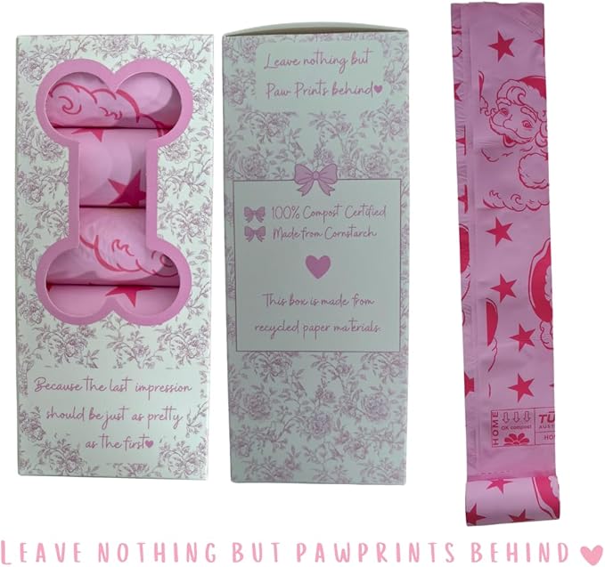 Pretty Dog Poop Bags - 150 Count, Certified Home Compostable, Leakproof, Extra Thick, Tear Resistant, Pink, Vanilla Scented, Sassy Santa