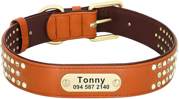 Rhinestone Custom Dog Collars Leather Personalized Crystal Pet Collar Padded Collars Adjustable for Small Medium Large Dogs Brown S