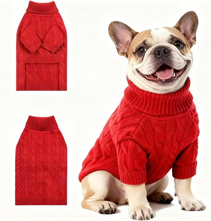 Small/Medium Dog Sweater, Warm Dog Winter Coat w/Sleeves, Comfortable High Neck Premium Dog Clothes for Bulldog-Best for Holidays, Daily Walks L Deep Red