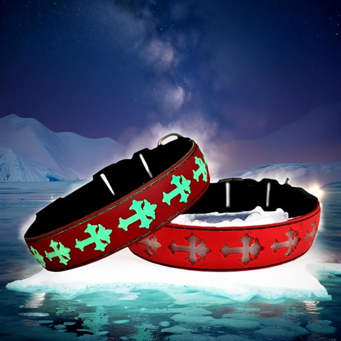 LED Dog Collar with ID Tag Set, Glowing Cross Pattern, Multiple Colors, Silicone Material (RED, XL(19.7-23.6"))