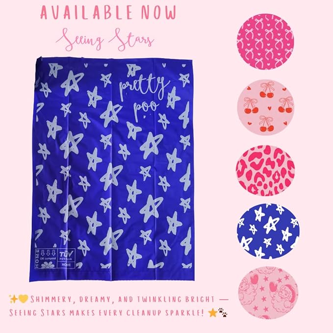 Pretty Dog Poop Bags - 150 Count, Certified Home Compostable, Leakproof, Extra Thick, Tear Resistant, Blue, Lavender Scented, Seeing Stars