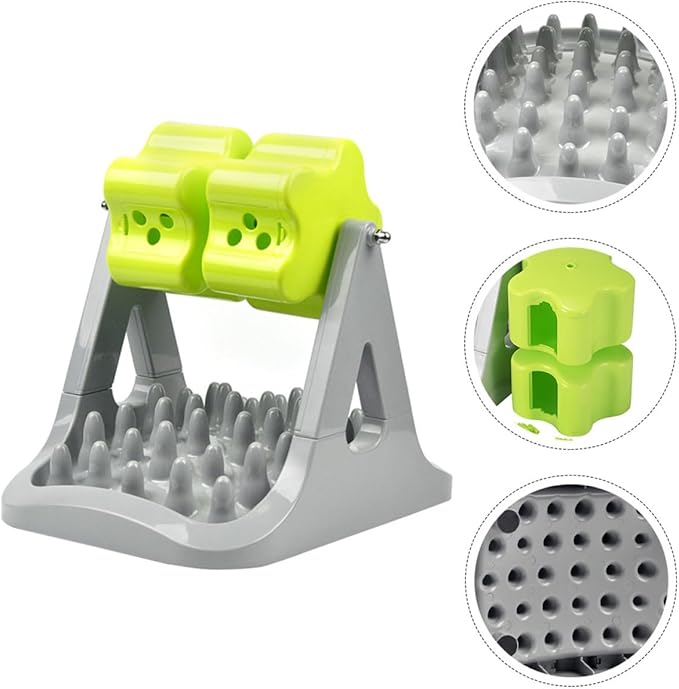 FAVOMOTO Automatic Dog Food Dispenser Slow Feeder Bowl, Anti-Choking Plastic Pet Feeding Tool with Rotating Food Puzzle, Gray and Green for Puppy Training and Interactive Feeding