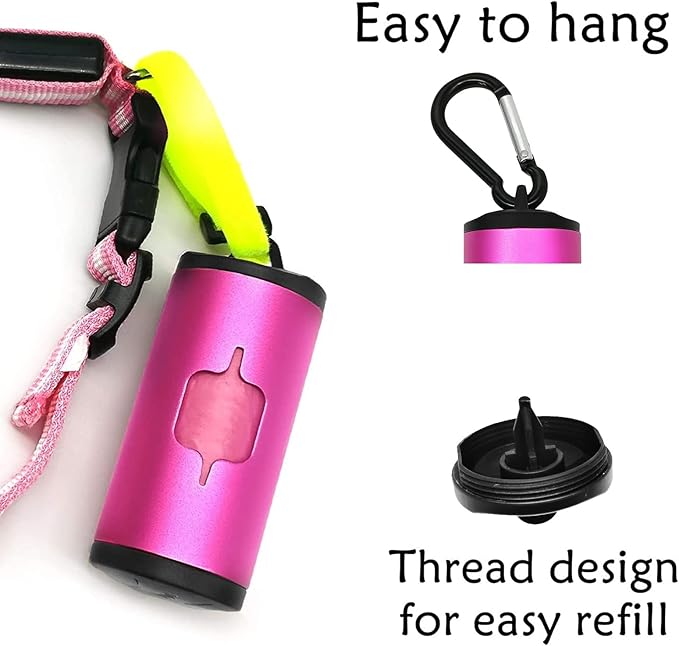 Aluminum Dog Poop Bags Holder with Carabiner Metal Pet Waste Bags Dispenser with Hook and Loop Fastener and Elastic Cord to Carry Used Bags (Pink, 1 Holder 15 Bags)