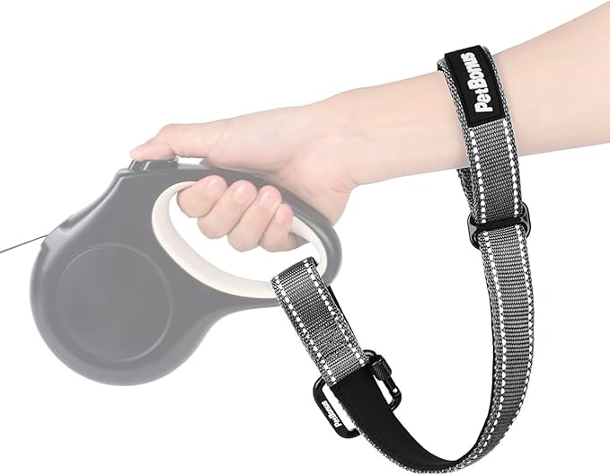 PetBonus Dog Leash Wrist Strap, Safety Strap for Retractable Leash, Lockable Reflective Short Dog Walking Lead with Adjustable Soft Padded Handle, Extra Layer Security for Pet Stroller (Grey)