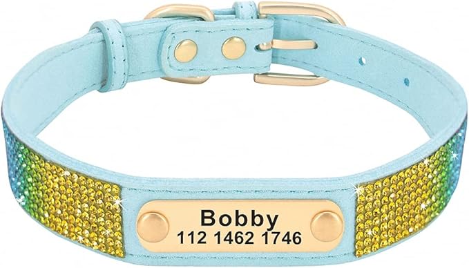 Custom Crystal Dog Collar Soft Leather Pet ID Collar Personalized Rhinestone Collars Adjustable for Small Medium Large Dogs Cat Blue XS