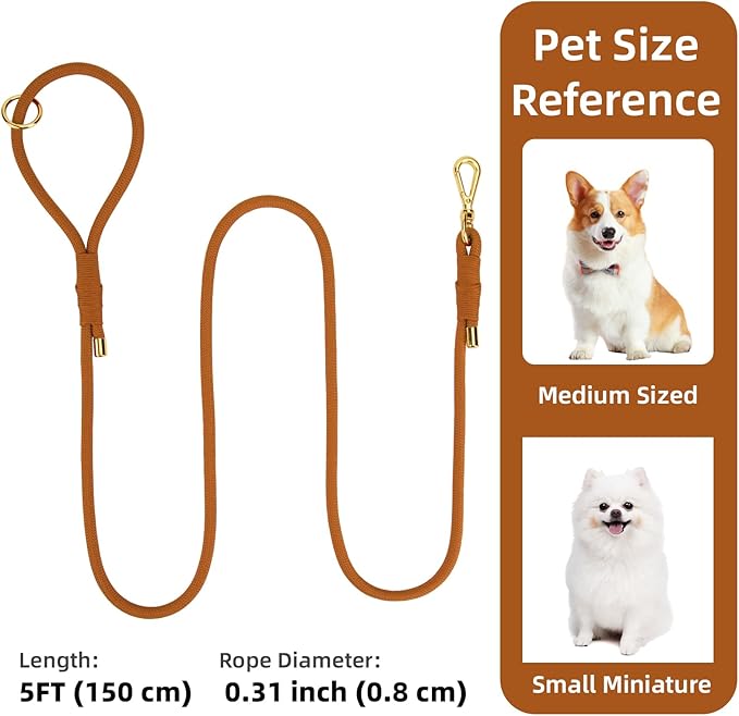 Durable Handwoven Dog Leash for Small & Medium Dogs, 5/16 inch Rope Lead with Anti-Tangle Swivel Clip, Soft & Lightweight, 5FT Long – Ideal for Daily Walking & Training (Carmel Brown)