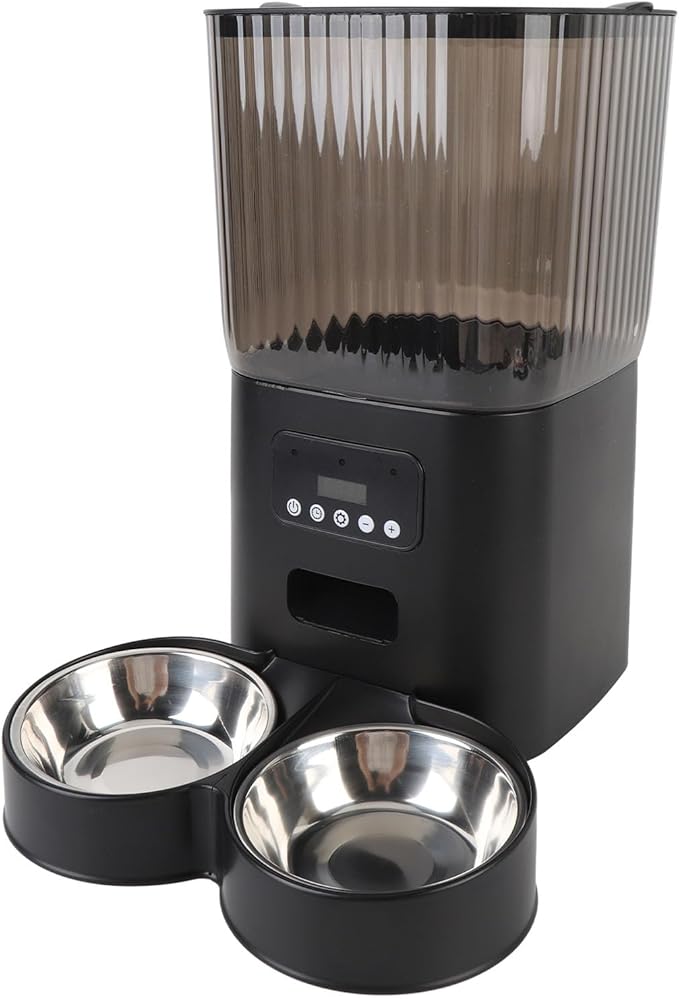 Automatic Cat Feeder, Button Control Timed Food Dispenser for Dog Pet Indoor, Safe Material, Dual Power Supply, Ideal Portions (Dual Bowls)