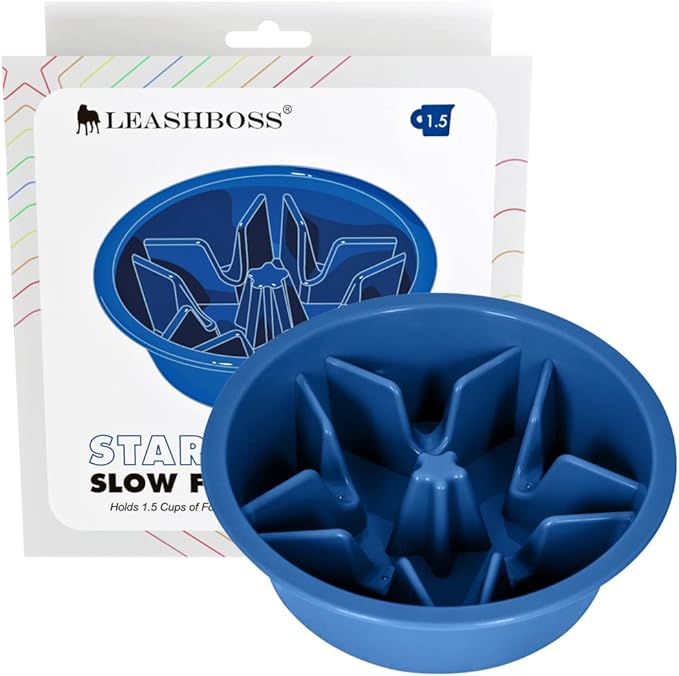 Leash Boss Slow Feeder Dog Bowls - 1.5 Cup, Puzzle Dog Food Bowl with Feeder Holes, Fits into Elevated Pet Feeders, Slow Eating for Large, Medium & Small Sized Breeds, Blue