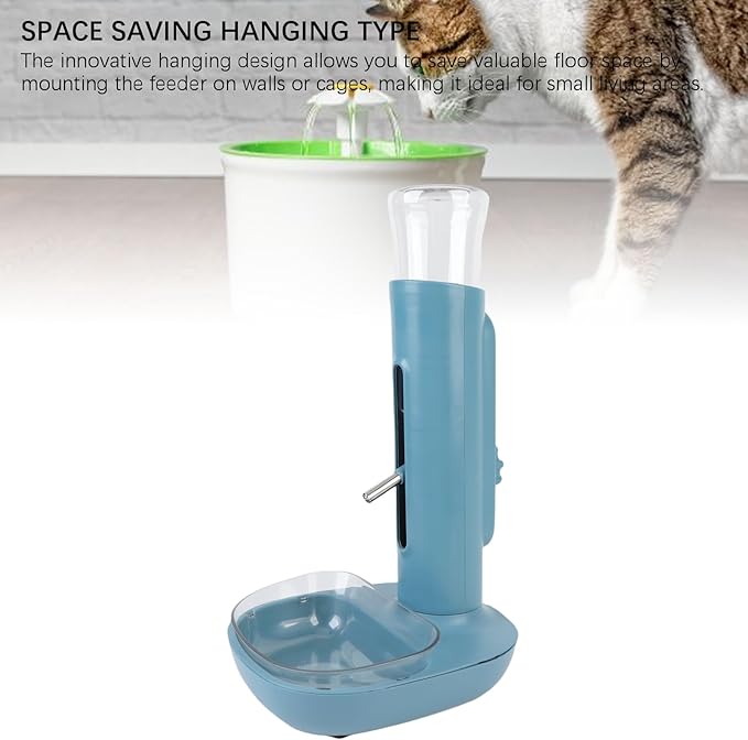 Pet Standing Water Dispenser, Automatic Feeding Water Bowl, 680ml Capacity, Adjustable Height, Hanging Design, for Small Cats and Dogs, with Detachable Feeder (Blue)