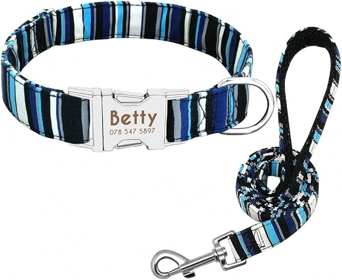 Personalized Dog Collar Leash Nylon Print Small Dog Collars and Lead for Small Medium Large Pet Pitbull German Shepherd Puppy Blue Strip Set M