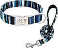 Personalized Dog Collar Leash Nylon Print Small Dog Collars and Lead for Small Medium Large Pet Pitbull German Shepherd Puppy Blue Strip Set S