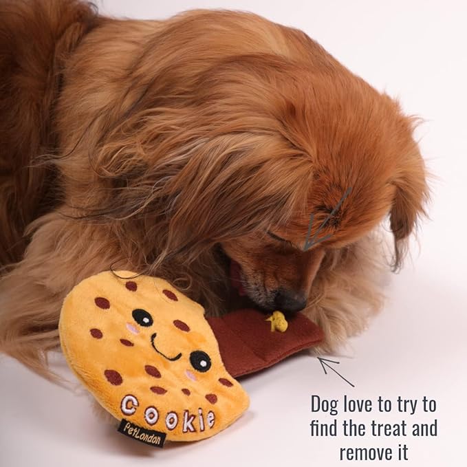 Pet London Nosework Cookie Dog Toy-Hide & Seek for treats, snuffle and encourage foraging for dogs, plush soft toy with crinkle sound