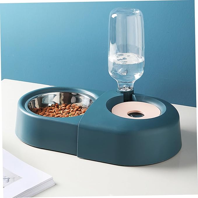 Automatic Dog Bowl with Water Dispenser, Blue Pet Food and Drinking Bowl, Spill-Proof Feeding Basin for Dogs and Cats