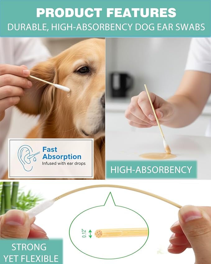 Dog Ear Swabs Bulk Pack, 800 Count – 6 Inch Bamboo Cotton Swabs Refill for Professional Grooming & Multi-Pet Homes – Large Absorbent Heads for Deep Cleaning (16 Resealable Packs)