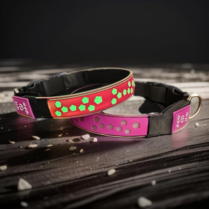 customerlized Personalized Dog Collar USB Rechargeable, Waterproof airtag Holder LED Light Up Dog Collar Adjustable Soft Silicone Collar for Medium Large Dogs (Pink, M(11.8-15.7"))