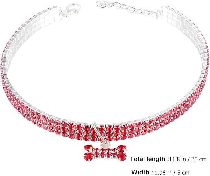 HANABASS Crystal Dog Collar Rhinestone Pet Collar with Mini Bone Pendant Red Large Size Adjustable Buckle Chain Necklace for Pet Dogs