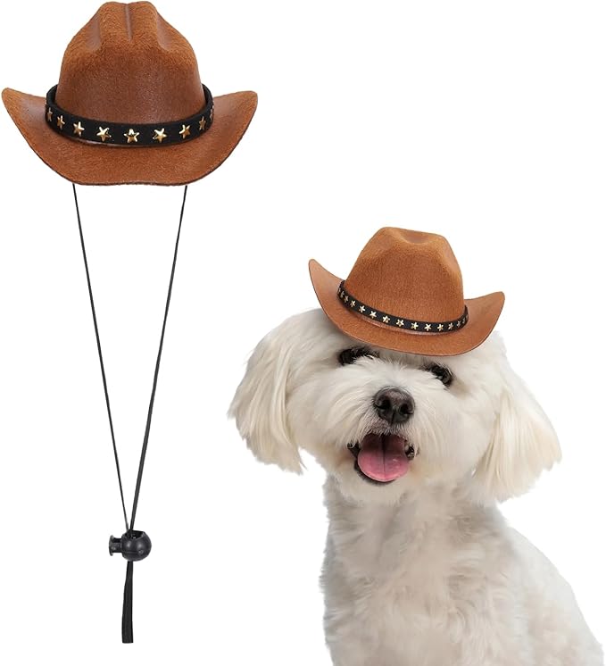 Dog Cowboy Hat, Mini Cowboy Hat for Pet with Chin Strap Adjustable Cosplay Cap, (Brown, S), Intended for Dogs and Cats/Halloween Costume/Party Decoration