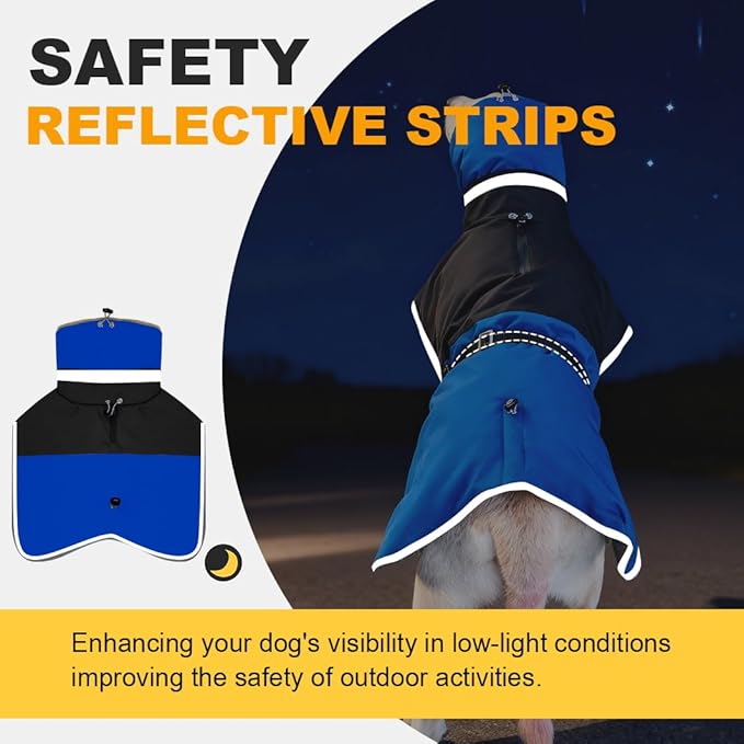 Waterproof Dog Winter Coat, Reflective Turtleneck Fleece Jacket with Snow Protection for Large Dogs, Cold Weather Pet Clothing (Blue, L)