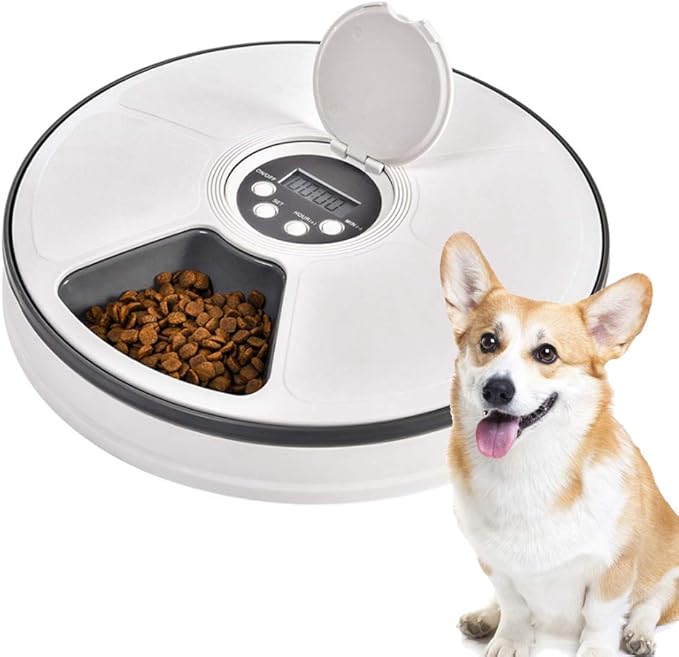 Pet Automatic Feeder Cats Dogs,Timed Feed 6 Meal Trays Dry Wet Food Dispenser with Voice Remind,LCD Smart Programmable Self Feeder,Dishwasher Safe,Gray