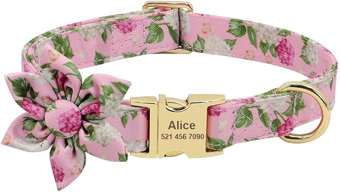 Flower Custom Dog Collar Printed Pet Nylon Dogs Collar Personalized Chihuahua Puppy Collars for Small Medium Large Dog Pink L