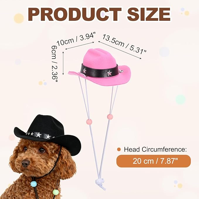 Dog Cowboy Hat, Mini Cowboy Hat for Pet with Chin Strap Adjustable Cosplay Cap Star Decor, (Pink, S), Intended for Dogs and Cats/Halloween Costume/Party Decoration