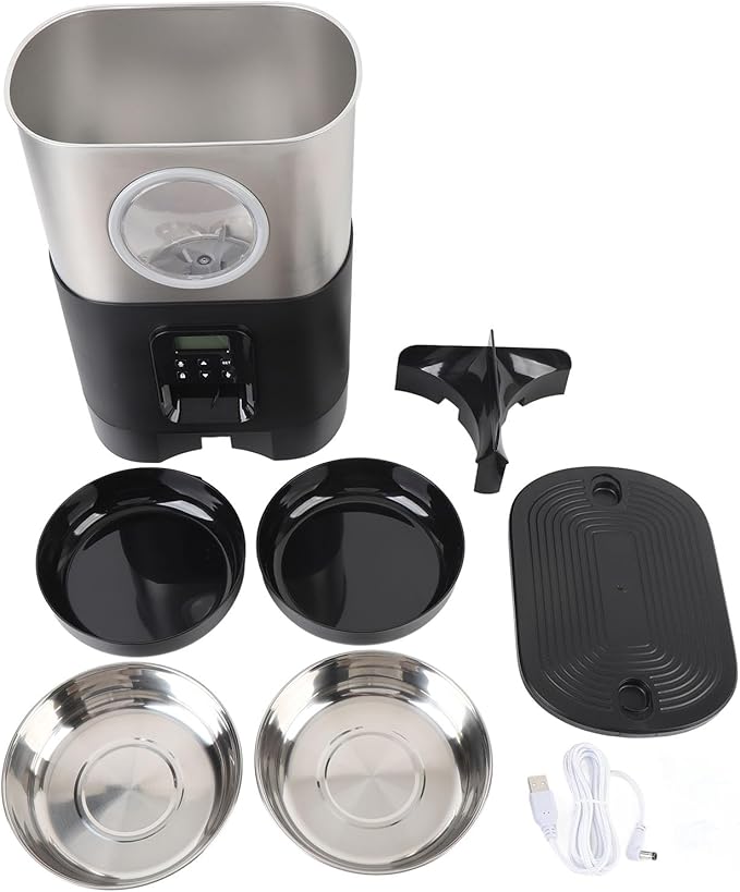 Automatic Pet Feeder, 5L Large Capacity Automatic Timed Cat Feeders with Visable Window Quantitative Feeding Stainless Steel 2 Bowls Dog Food Dispenser for Cats Dogs (Black)