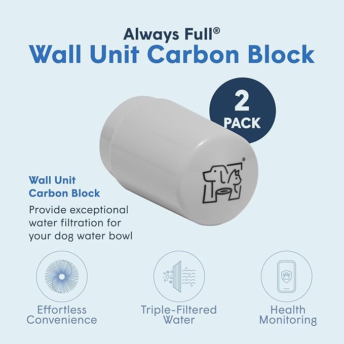 Always Full® Wall Unit Carbon Block Replacement Cartridges for Pet Feeder, Water Filtration for Your Auto Fill Cat or Dog Water Bowl, Cleaner, Better Taste, 100 Gallon, 4-Month Lifespan, 2 Pack