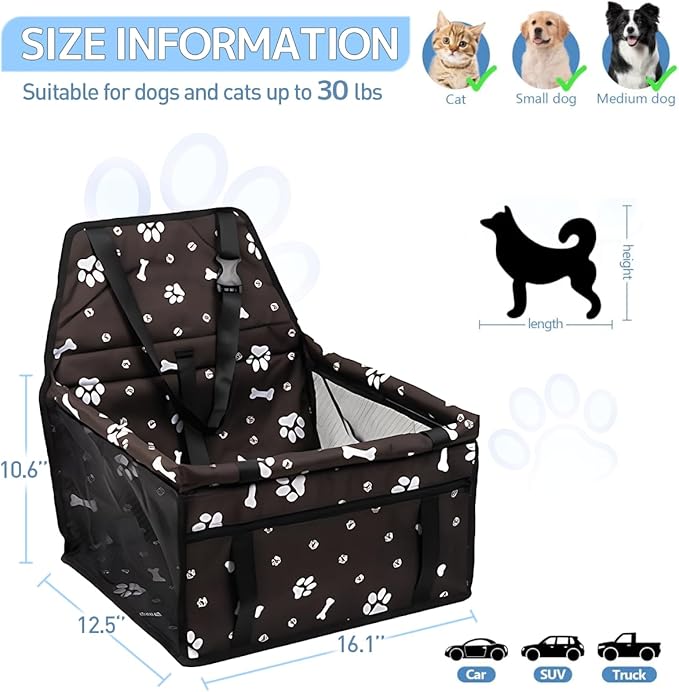 Dog Car Seat for Small Dogs Under 30 lbs - Easy to Clean, Dirt Resistant & Anti-Scratch Durable with Storage Pockets, Compatible with Dog seat Belt, Cold Pat Optional(Vintage Brown)