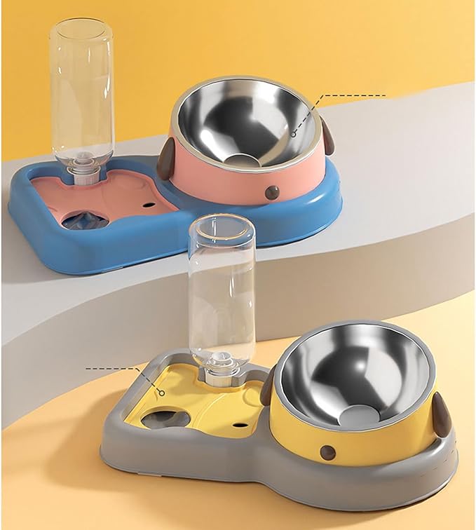 Water and Food Bowl Set, 500ml 2 in 1 Dog Avoid Overturning Automatic Cat Feeder Pet Water Dispenser Double Cat Bowls for Dogs Cats (Yellow 500ml)