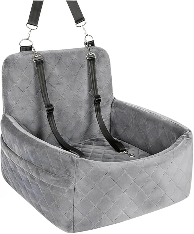 Dog Booster Car Seat for Small Medium Dogs, Memory Foam Elevated Pet Car Seat with 2 Safety Leashes, Fully Detachable Washable Cover & Anti-Slip Bottom(Grey)
