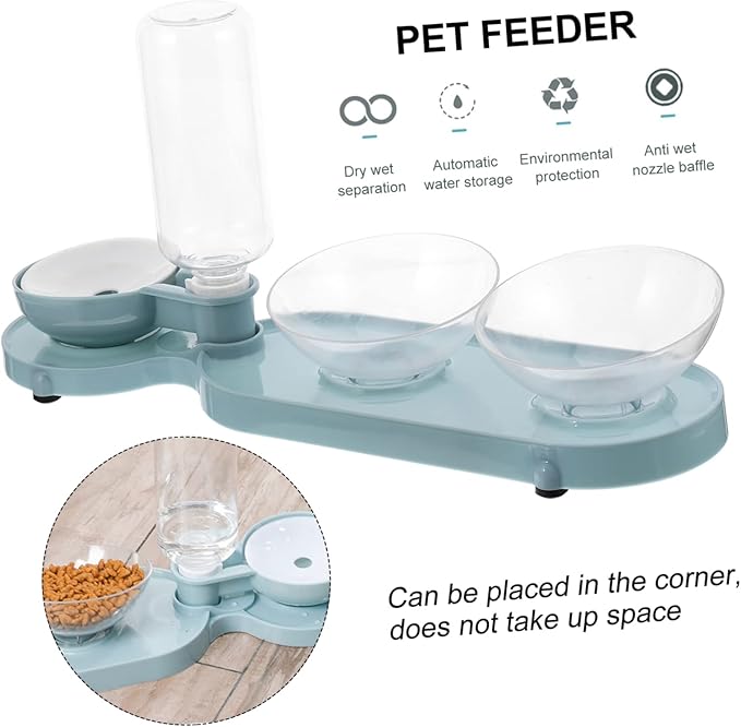 Balacoo Pet Food Holder Tilt Double Bowels Automatic Water Dispenser Bottle Cat Water Feeder Blue