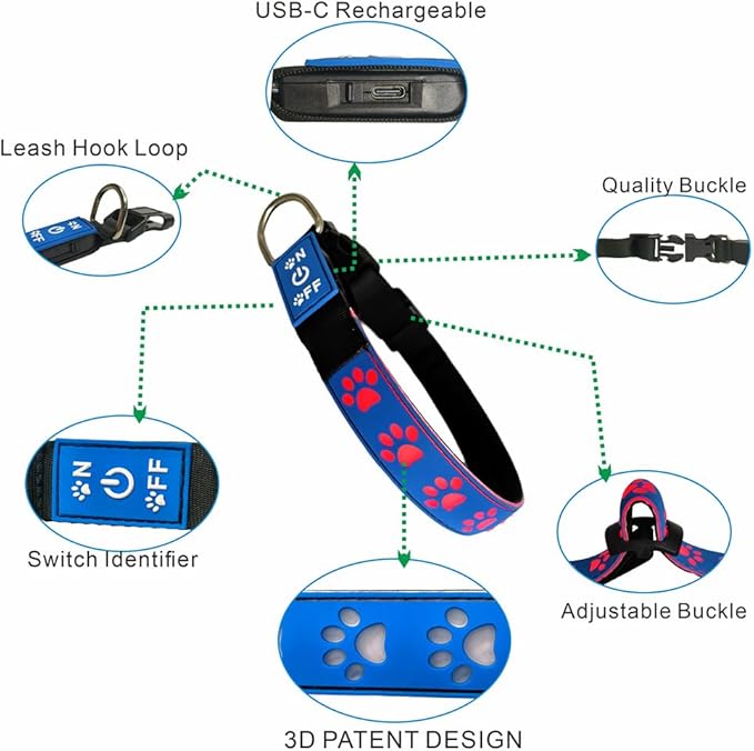 USB-C led Light up Dog Collar, 3D Design Comfortable and Soft Material,Multicolored Lighting，Night Dog Collar (PW-Green, XS(7.87-11.8"))