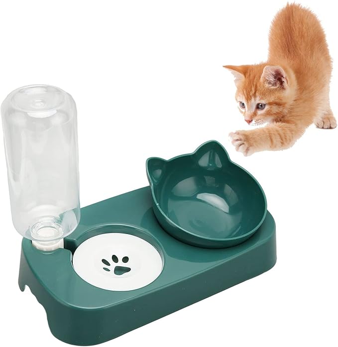 Dog Cat Bowl with Automatic Water Dispenser Bottle, Automatic Water Feeder Food Dish Set Cat Food Water Bowl Set for Dogs Cats (Dark Green)
