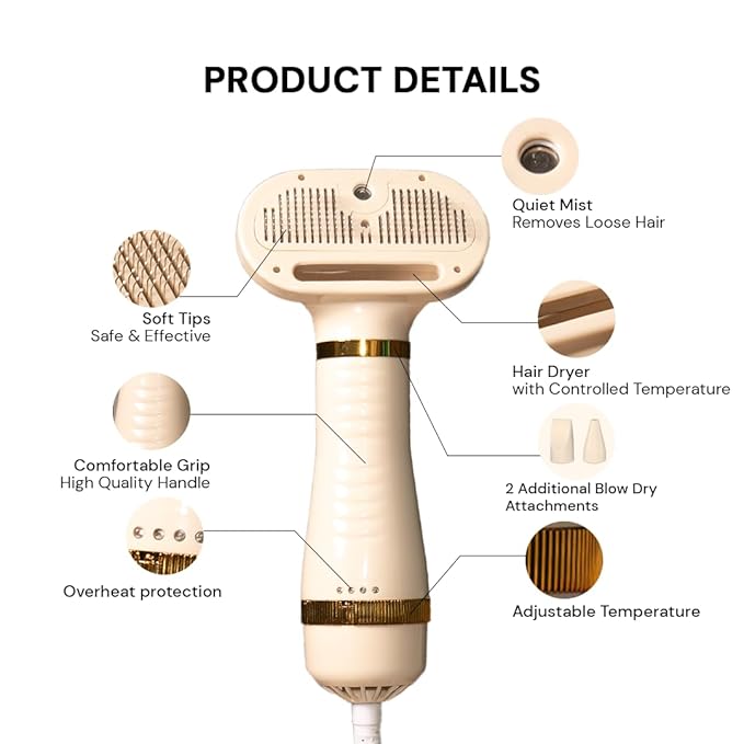 Pet Steam Brush Grooming Dryer for Dogs & Cats – 3-in-1 Grooming Tool with Gentle Steam, Low Noise 600W Motor, Deshedding, Drying & Fur Fluffing for All Coat Types