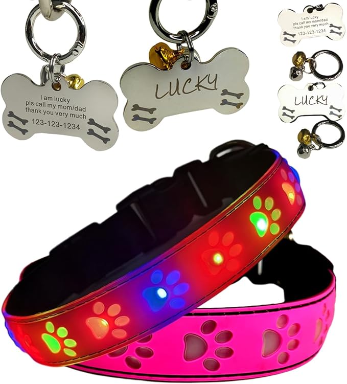 LED Dog Collar with Paw Print Design, 15 Light Modes, Waterproof, Includes Bone-Shaped Name Tag, Multiple Colors (Pink Pro, XL(19.7-23.6"))