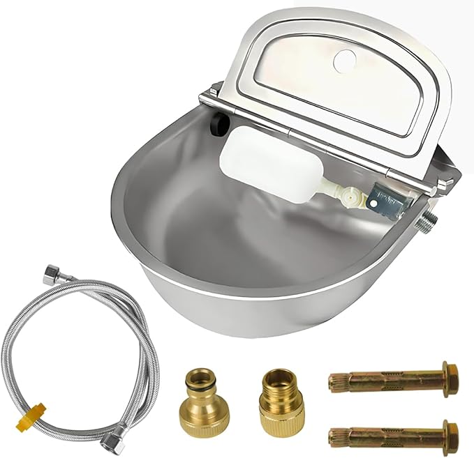 Automatic Animal Drinking Water Bowl, 304 Stainless-Steel Livestock Waterer with Float Valve, Large Capacity Outdoor Trough for Dogs Horse Goat Pig Cow