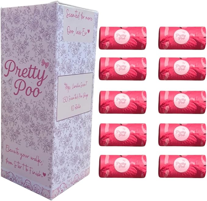 Pretty Dog Poop Bags - 150 Count, Certified Home Compostable, Leakproof, Extra Thick, Tear Resistant, Pink, Vanilla Scented, Sugar Bows