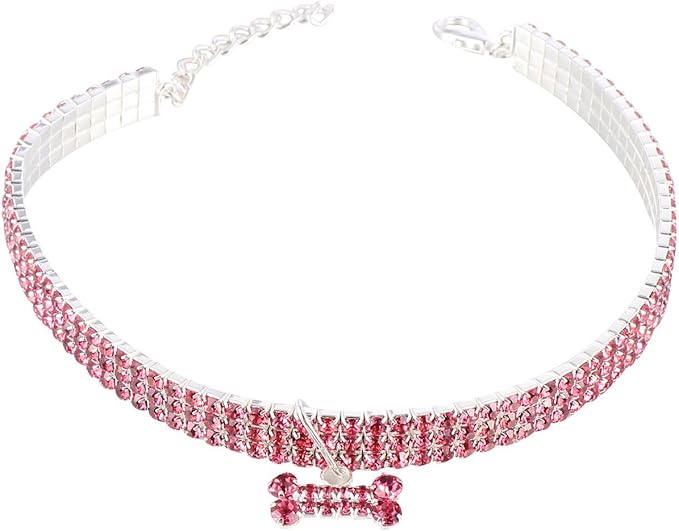 Rhinestone Pet Dog Collar Adjustable Small Size Pink Crystal Puppy Necklace for Pet Supplies and Basic Dog Collar