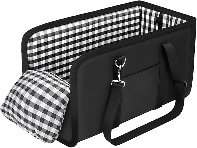 Center Console Dog Car Seat for Small Dogs Up to 11lbs Anti-Collapse Armrest Booster Seat with Headrest Stabilizing Straps Portable Pet Carrier Bag Travel Safety Kennel with Internal Tether (Black)