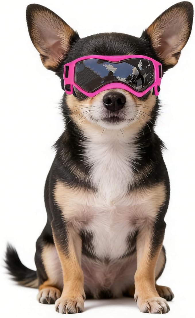Namsan Dog Goggles Small Breeds, UV Protection Dog Glasses for Small Dogs, Puppy Sunglases Windproof Dustproof Driving Eye Protection, Adjustable, Cool Pink