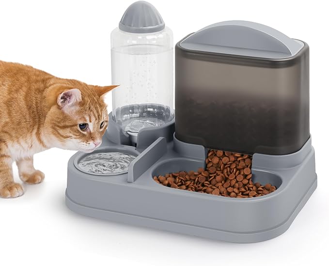 Yummy Sam Automatic Cat Feeder and Water Dispenser, 2 in 1 Large Capacity Gravity Small Pet Auto 2.5L Pet Feeder and 1L Waterer Set Feeder Dish for Small Medium Pets Dog Puppy Kitten (Grey Black)